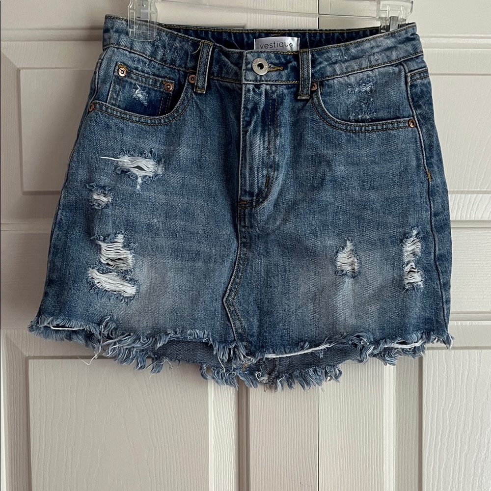 Vestique Blue Distressed Denim Mini Skirt